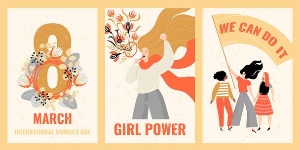 Zestaw kart wektorowych na Międzynarodowy Dzień Kobiet z uroczymi młodymi kobietami i elementami kwiatowymi. - Wektor, obraz