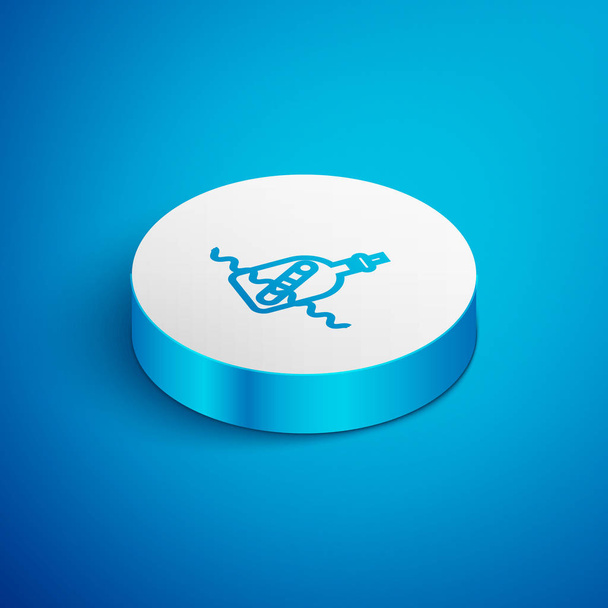 Isometric line Glass bottle with a message in water icon isolated on blue background. Letter in the bottle. Pirates symbol. White circle button. Vector Illustration - Vector, Image