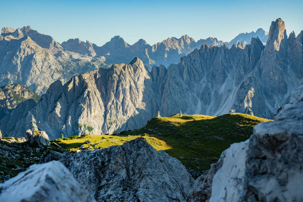 Panoramic view of famous Dolomites mountain peaks glowing in bea - Fotó, kép