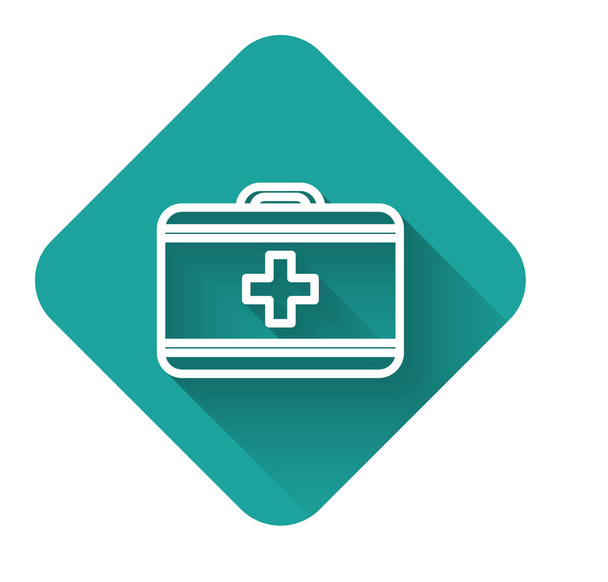 White line First aid kit icon isolated with long shadow. Medical box with cross. Medical equipment for emergency. Healthcare concept. Green square button. Vector Illustration - Vector, Image