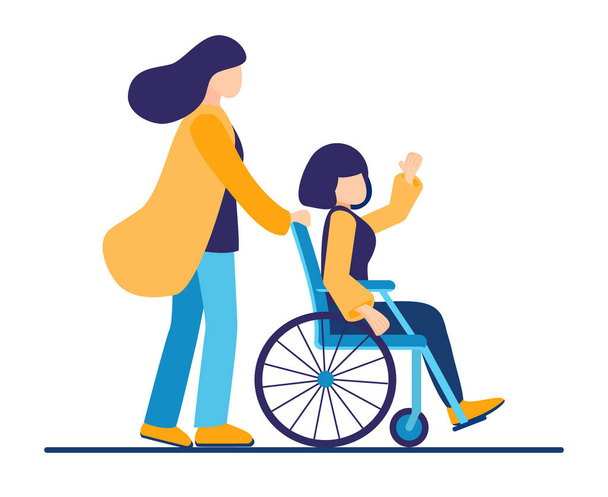 妹は交通機関の車椅子に乗っている障害者の若い親戚を助けます。楽しい機会と平等な機会と一緒に時間を過ごす。ボランティア支援。ベクトルフラットイラスト分離 - ベクター画像