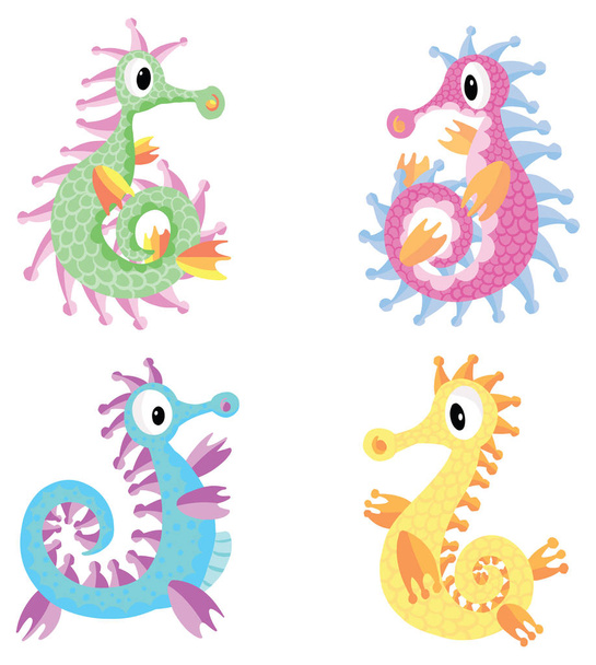 Mignon dessin animé Sea Horse sous-marin ensemble de quatre illustrations vectorielles
 - Vecteur, image