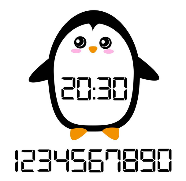 Reloj de pingüino digital lindo y divertido
 - Vector, Imagen