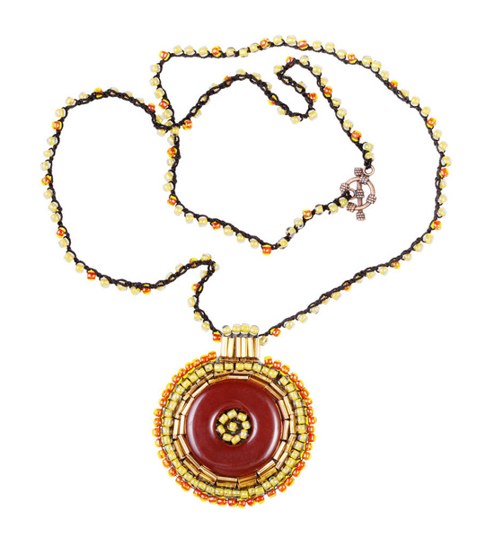 necklace with leather pendant embroidered by beads - Photo, Image