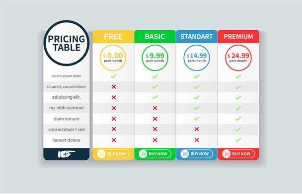 Price Table Template banner with five Plan Design - Wektor, obraz