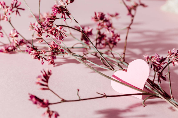 Un pequeño corazón rosa con un lugar para el texto decorado con ramas de flores sobre un fondo blanco
 - Foto, Imagen