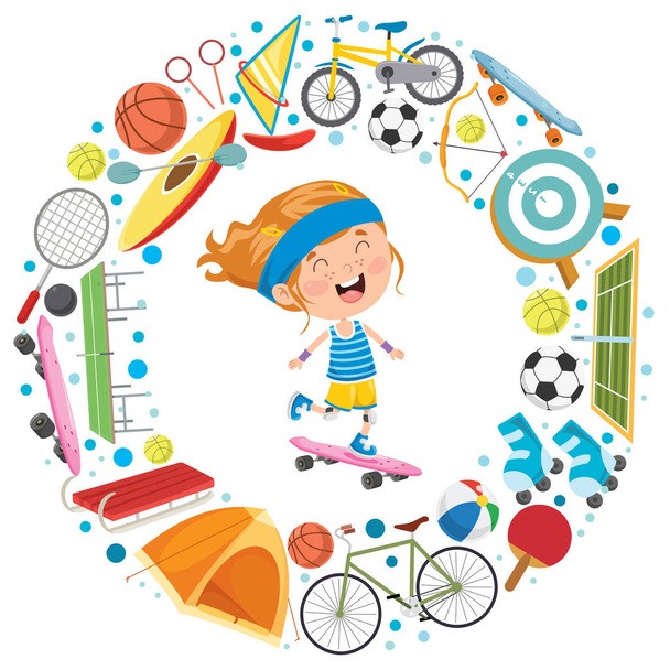 Little Kid And Sport Equipments - Vector, Image