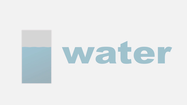 fehér alapon az animációs tartály vízzel van megtöltve, ugyanakkor betűket öntenek a keret bal széléről, hogy létrejöjjön a "víz" szó, a szó ragyog.. - Felvétel, videó