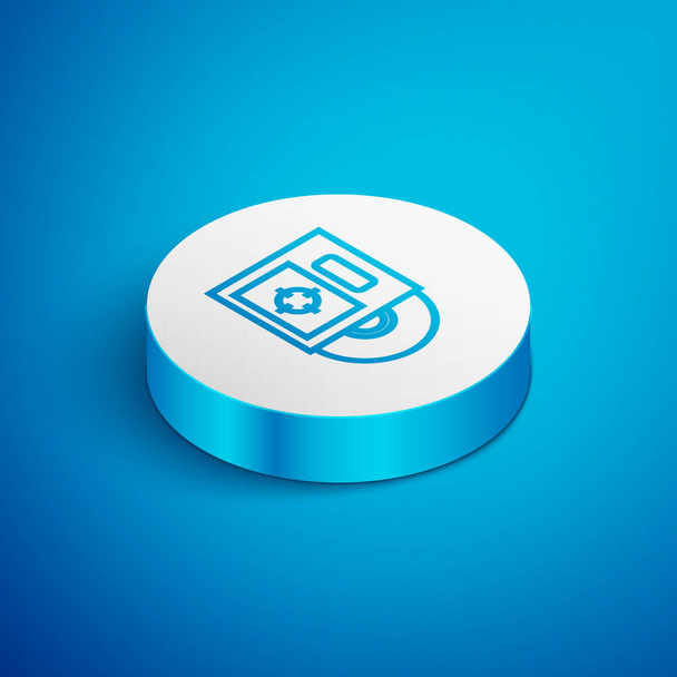 Isometric line CD or DVD disk in box icon isolated on blue background. Compact disc sign. White circle button. Vector Illustration - Vector, Image