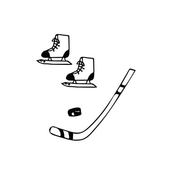 zestaw hokejowy ręcznie rysowane w stylu skandynawskim. łyżwy, putter, krążek. - Wektor, obraz