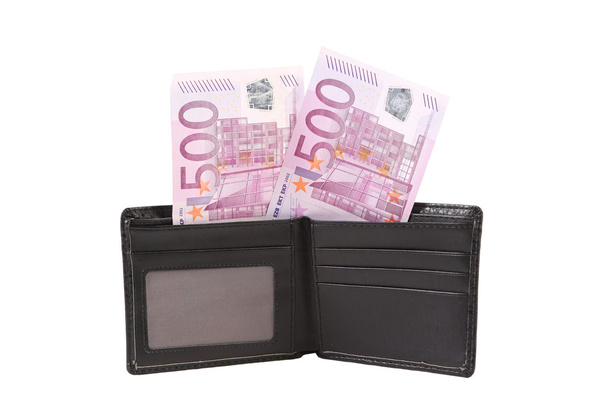 Five hundred euro bill in open wallet. - Foto, Imagem
