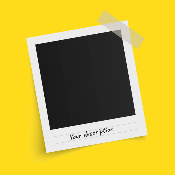 Polaroid-Fotorahmenvorlage mit Schatten auf Klebeband auf gelbem Hintergrund. Vektorillustration. - Vektor, Bild