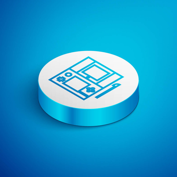 Isometric line Icône de console de jeu vidéo portable isolée sur fond bleu. Panneau de jeu. Concept de jeu. Bouton rond blanc. Illustration vectorielle
 - Vecteur, image