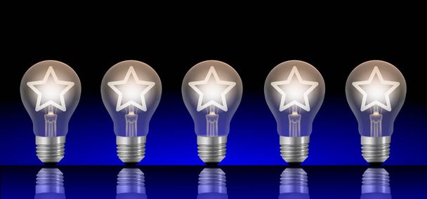 five lightbulbs with lit stars. ranking or rating image concept - Vector, Image
