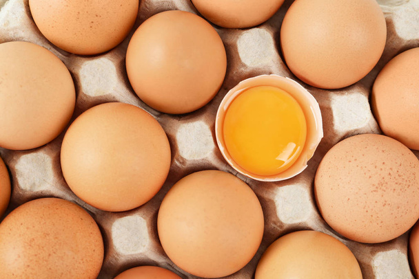 Raw chicken eggs in carton tray, top view - Fotó, kép