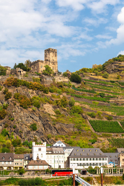 KAUB, GERMANY - SEPTEMBER 5, 2018:  View of the village of Kaub, Germany as seen from the Rhine River - Fotó, kép