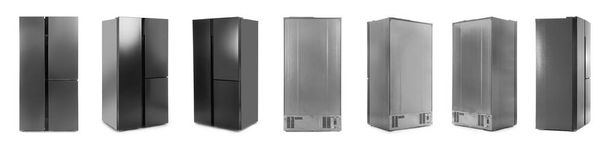 Collage van moderne koelkasten op witte achtergrond - Foto, afbeelding