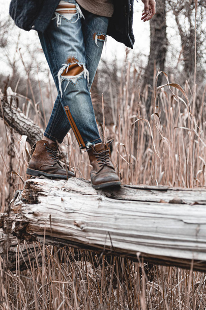 Guy hiking in comfortable hiking boots. Boots close-up stock photo. - Photo, Image