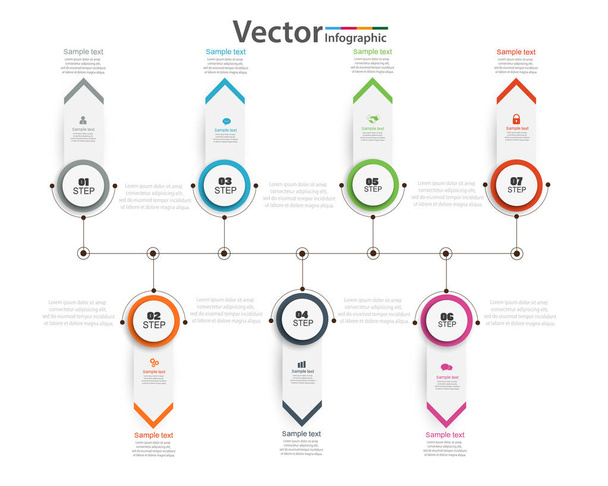 Vector timeline infographic with 7 options, can be used for workflow layout, diagram, annual report, web design. Business concept with options, steps or processes. Vector eps 10 - Vettoriali, immagini