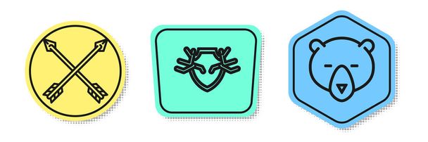Set line Crossed arrows, Deer antlers on shield and Bear head. Colored shapes. Vector - Vector, Image