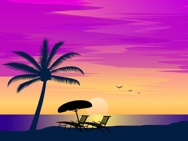 Zomer strand landschap met stoelen en parasol - Vector, afbeelding