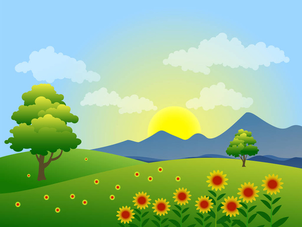 Krajobrazy wiejskie ze wschodem słońca i kwiatami - Wektor, obraz