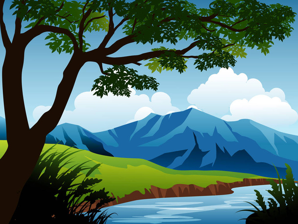 Vuori ja joki metsässä
 - Vektori, kuva