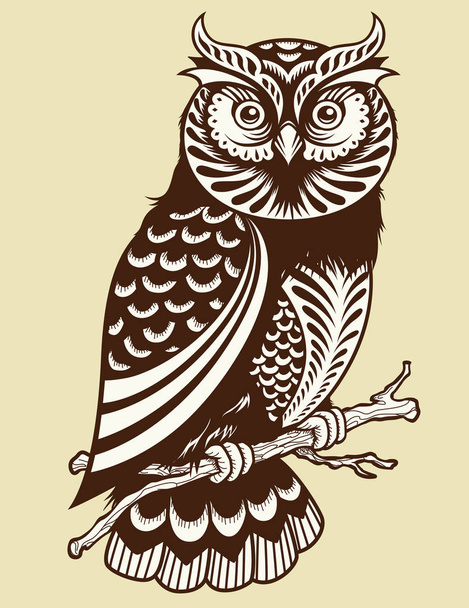 Abstract Owl with geometric patterns resting on branch - Вектор, зображення