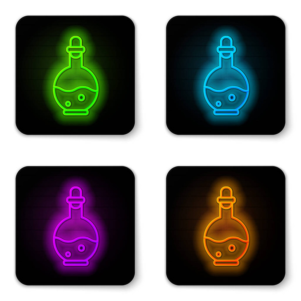 Beyaz arka planda izole edilmiş sihirli ikon ikonu olan parlak neon çizgili cam şişe. Bilgisayar oyunu varlığı. Siyah kare düğme. Vektör İllüstrasyonu - Vektör, Görsel
