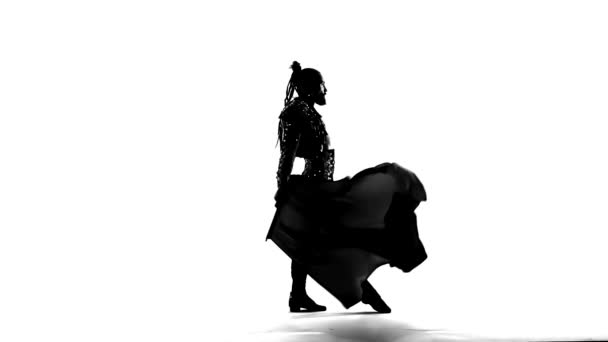 Silhouette Dancing man wearing a toreador costume. Isolated on white background in full length. Close up, slow motion. - Felvétel, videó