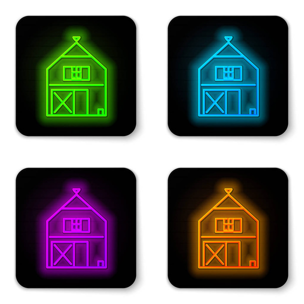 Glowing neon line Farm House concept icon isolated on white background. Rustic farm landscape. Black square button. Vector Illustration - Вектор, зображення