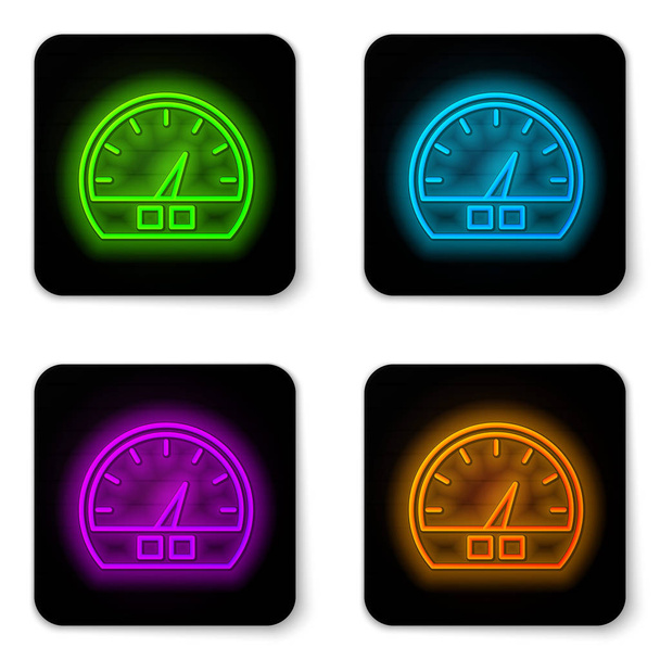 Glowing neon line Speedometer icon isolated on white background. Black square button. Vector Illustration - Vettoriali, immagini