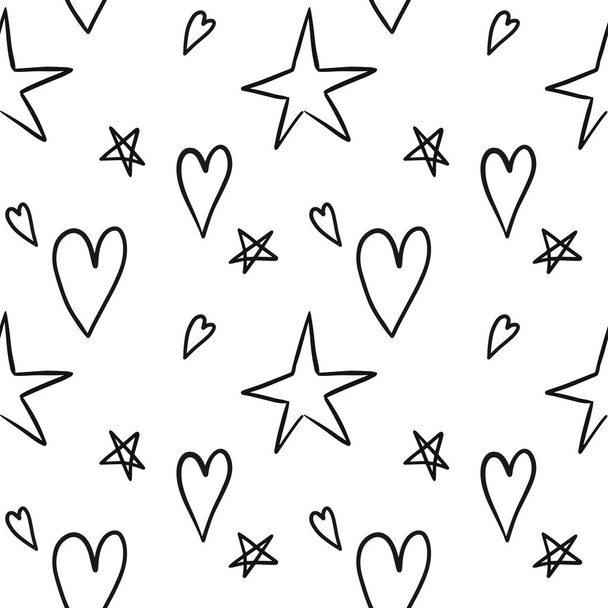 Padrão sem costura com estrelas desenhadas à mão e corações
 - Vetor, Imagem