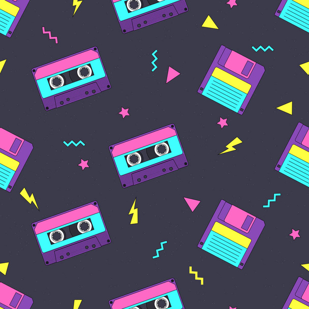 Seamless pattern with audio cassettes and floppy in 90s style - Vector, Image