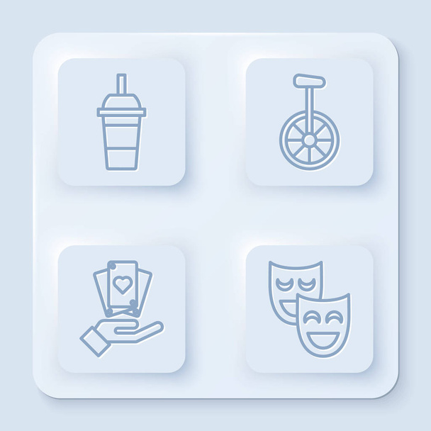 Set line Paper glass with drinking straw and water, Unicycle or one wheel bicycle, Hand holding playing cards and Comedy theatrical masks. White square button. Vector - Vector, Image