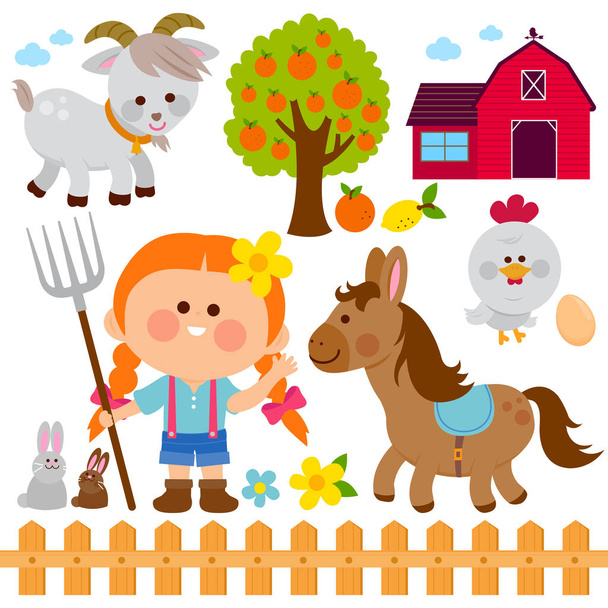 Rapariga agricultora e animais. Coleção de ilustrações vetoriais
 - Vetor, Imagem