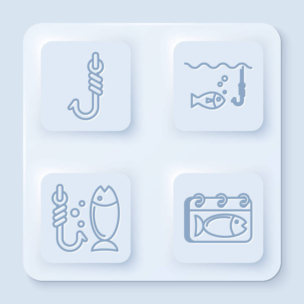 Набор линии Рыбалка крючок, Рыбалка крючок под водой с рыбой, Рыбалка и календарь с рыбой. Белая квадратная кнопка Вектор
 - Вектор,изображение