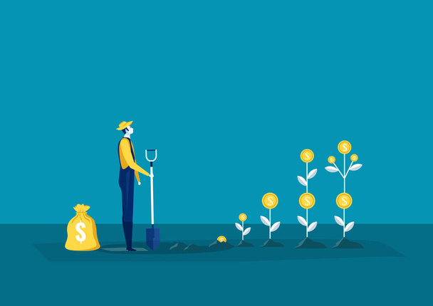 farmer plant a money tree or picking dollars from money tree. Business growth, Vector illustration - Vektori, kuva