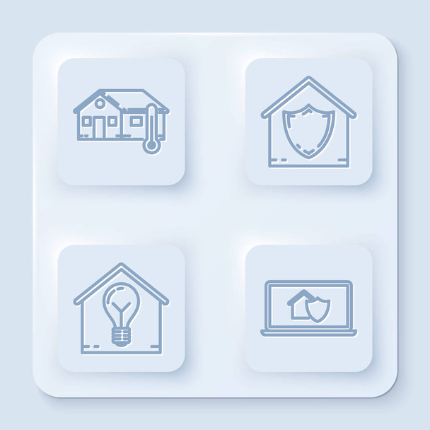 Ρυθμίστε τη θερμοκρασία Σπίτι, Σπίτι υπό προστασία, Smart σπίτι και λάμπα και φορητό υπολογιστή με το σπίτι υπό προστασία. Λευκό τετράγωνο κουμπί. Διάνυσμα - Διάνυσμα, εικόνα