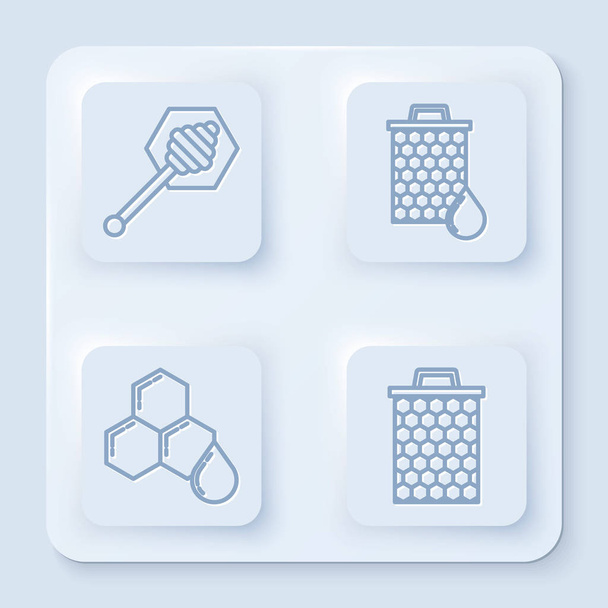 Set line Honey dipper stick, Honeycomb, Honeycomb and Honeycomb. White square button. Vector - Vector, Image