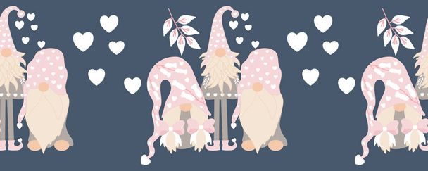Cute valentine gnomes with leaves and white hearts - Vetor, Imagem