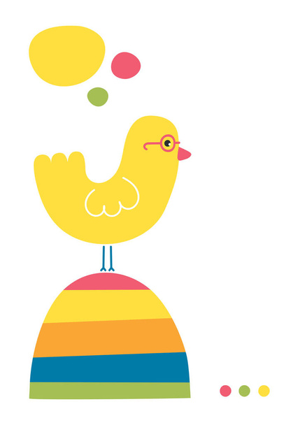 Uccello giallo con occhiali su collina colorata sotto il sole biglietto di auguri illustrazione isolata su sfondo bianco
  - Vettoriali, immagini