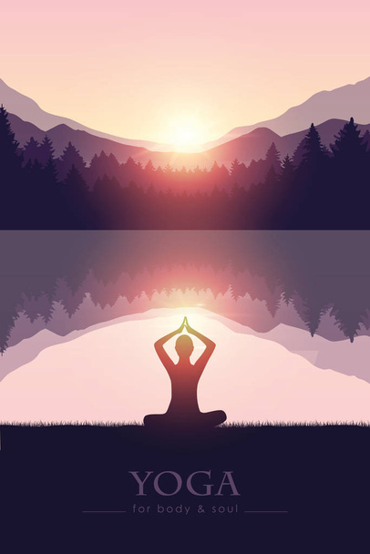 yoga para cuerpo y alma meditando silueta de persona junto al lago con paisaje de montaña
 - Vector, imagen