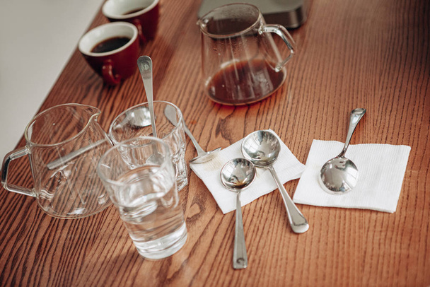 Coffee tasting degustation with classic spoons - Fotoğraf, Görsel