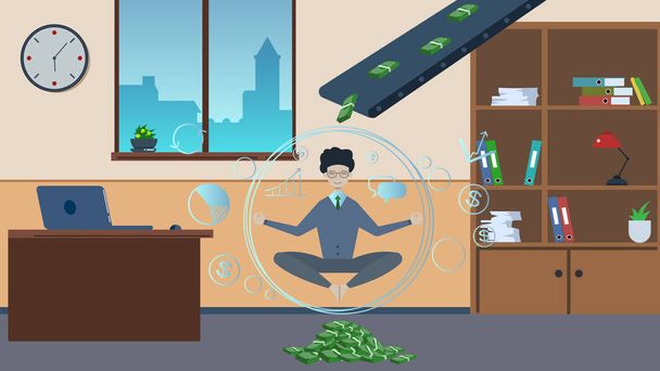 Businessman is meditating in lotus pose over lots of money in the office room. Conveyor belt with money banknotes above him. Relax concept. Worker multitasking. Flat style. Vector illustration - Vector, Image
