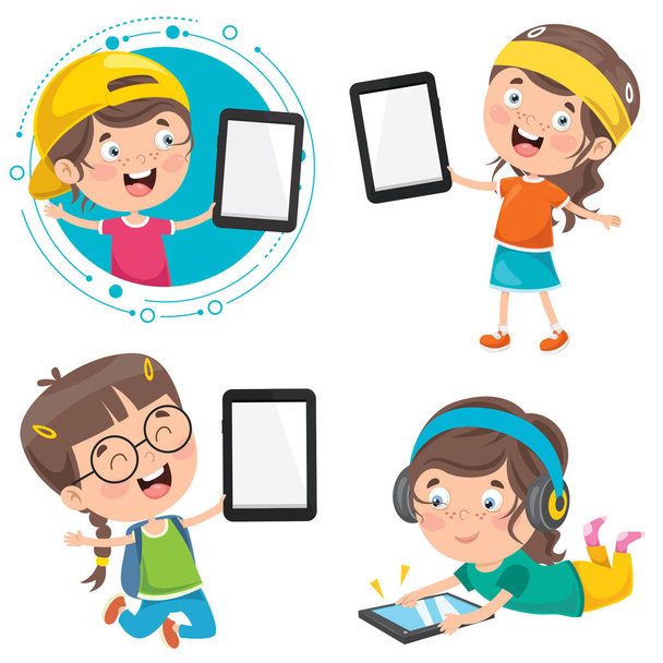 Crianças usando dispositivos de tecnologia
 - Vetor, Imagem