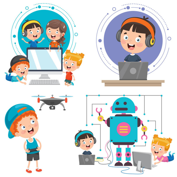 Little Children Using Technology Devices - Vector, Image