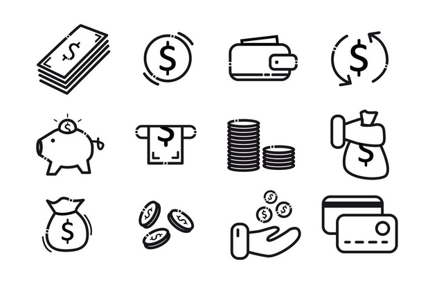 A set of money icons. Elements in the set: Money, wallet, piggy bank, coins, bag of money, credit cards - Vector, Image
