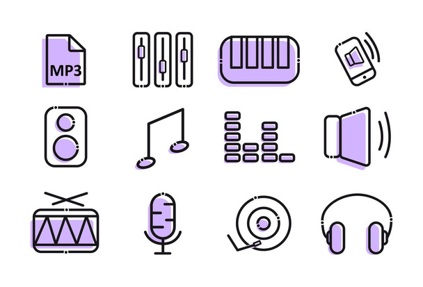 Musiikki-ikoneja. Elementit setti: äänenvoimakkuus, mp3-muodossa, kaiutin, ääni, huomata, syntetisaattori, puhelu puhelimeen, soitin, mikrofoni, kuulokkeet, rumpu
 - Vektori, kuva