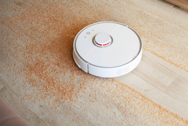 Smart House. Vacuum cleaner robot runs on wood floor in a living room - Photo, Image